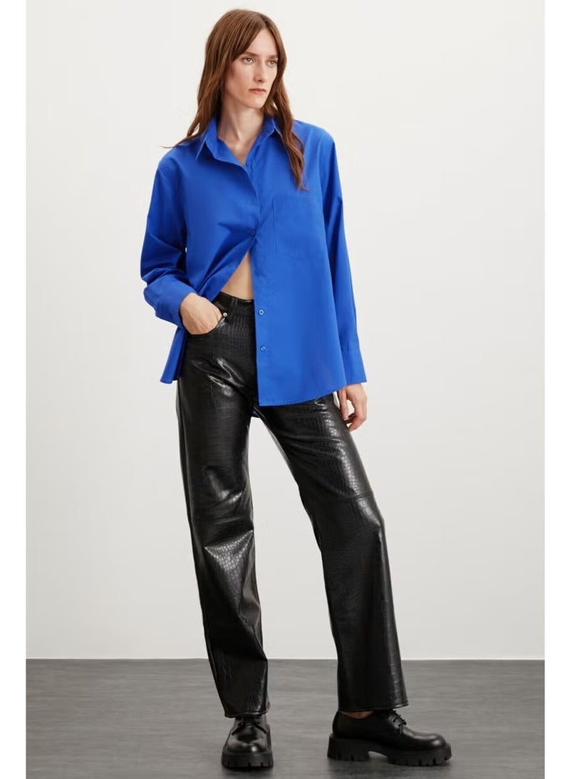 GRIMELANGE Celia Women's 100% Cotton Oversize Pattern Single Pocket Long Navy Blue Shirt - Image 5